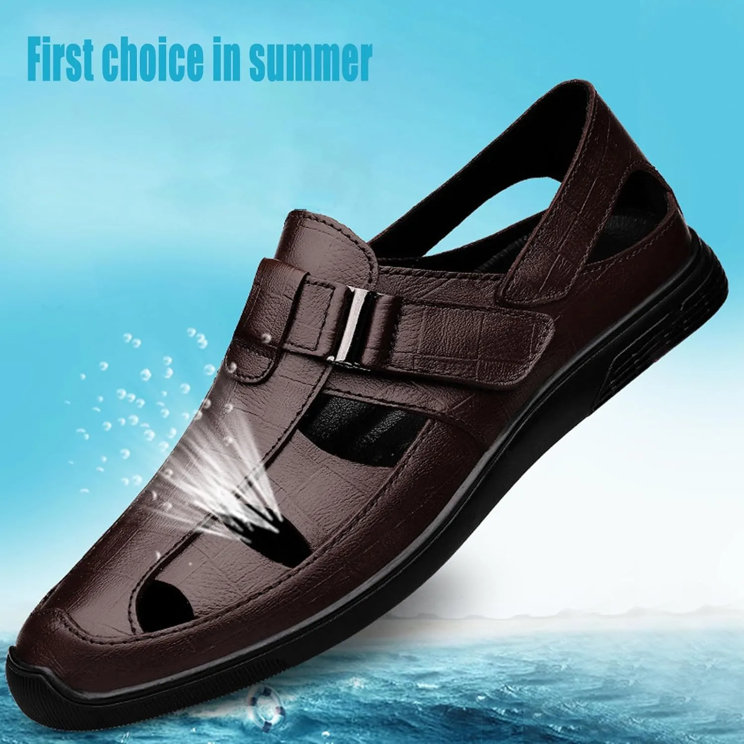 Men's Genuine Leather Hollow-Out Business Sandals,Adjustable Closed Toe Flat Fisherman Shoes,Summer Outdoor Casual Anti-Slip Beach Sandals
