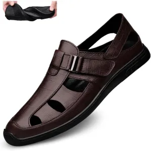 Men's Genuine Leather Hollow-Out Business Sandals,Adjustable Closed Toe Flat Fisherman Shoes,Summer Outdoor Casual Anti-Slip Beach Sandals