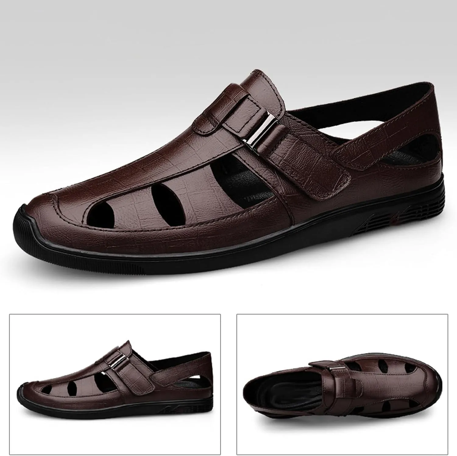Men's Genuine Leather Hollow-Out Business Sandals,Adjustable Closed Toe Flat Fisherman Shoes,Summer Outdoor Casual Anti-Slip Beach Sandals