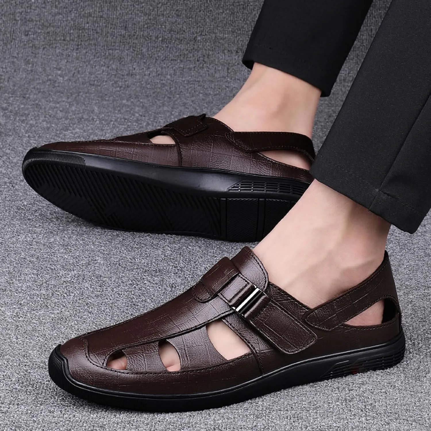Men's Genuine Leather Hollow-Out Business Sandals,Adjustable Closed Toe Flat Fisherman Shoes,Summer Outdoor Casual Anti-Slip Beach Sandals
