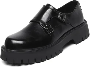Men's Leather Black Business Platform Work Shoes Slip-on Double Monk Strap Dress Oxford Sneakers Fashion Non-Slip Low Top Walking Shoes
