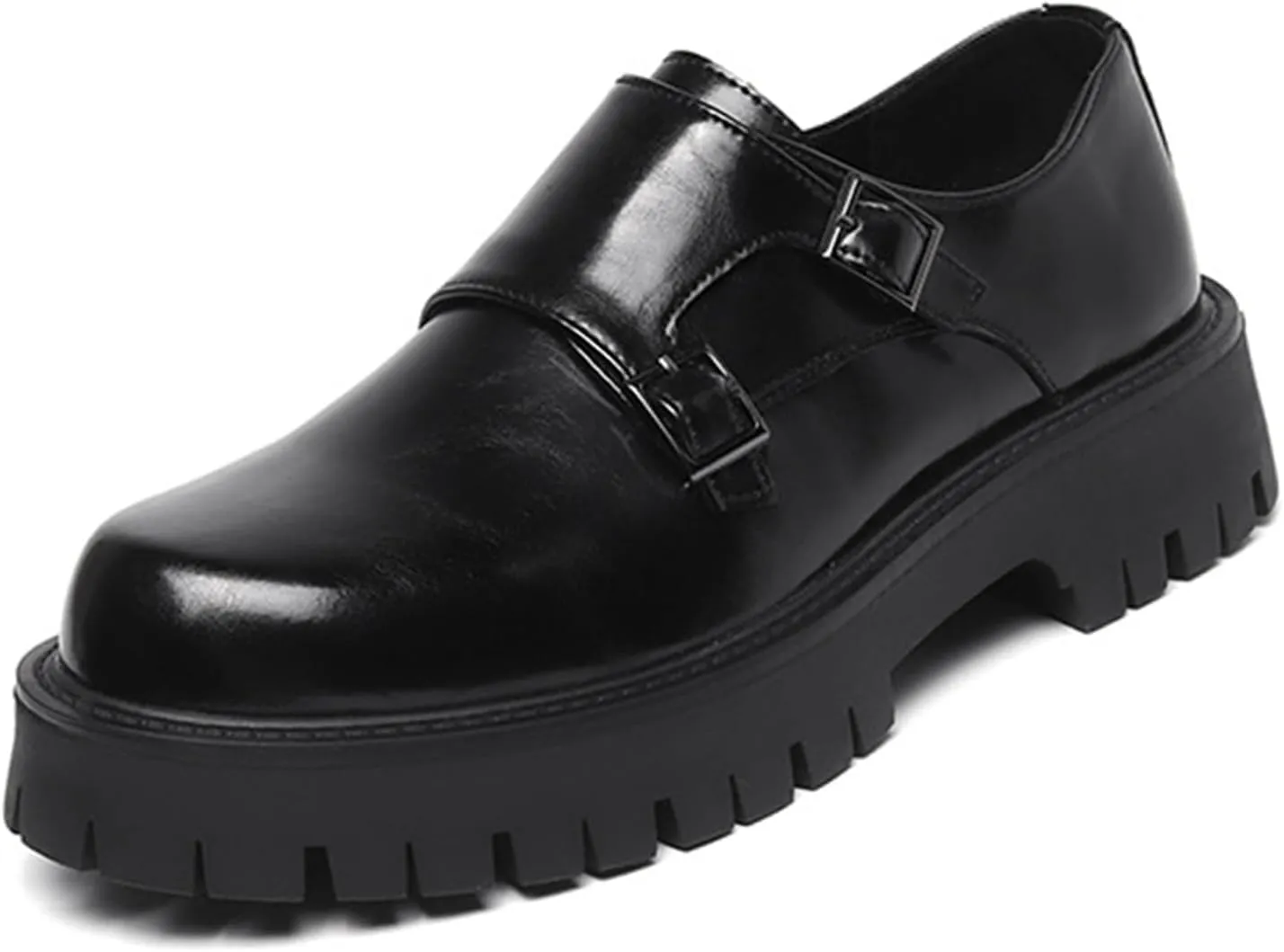 Men's Leather Black Business Platform Work Shoes Slip-on Double Monk Strap Dress Oxford Sneakers Fashion Non-Slip Low Top Walking Shoes