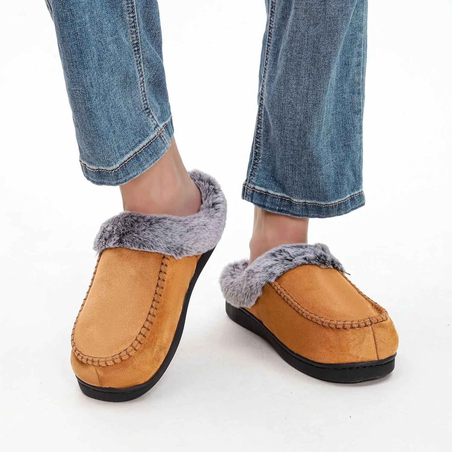 Men's Memory Foam Moccasin Slippers, Indoor and Outdoor Warm Fuzzy Fleece House Shoes