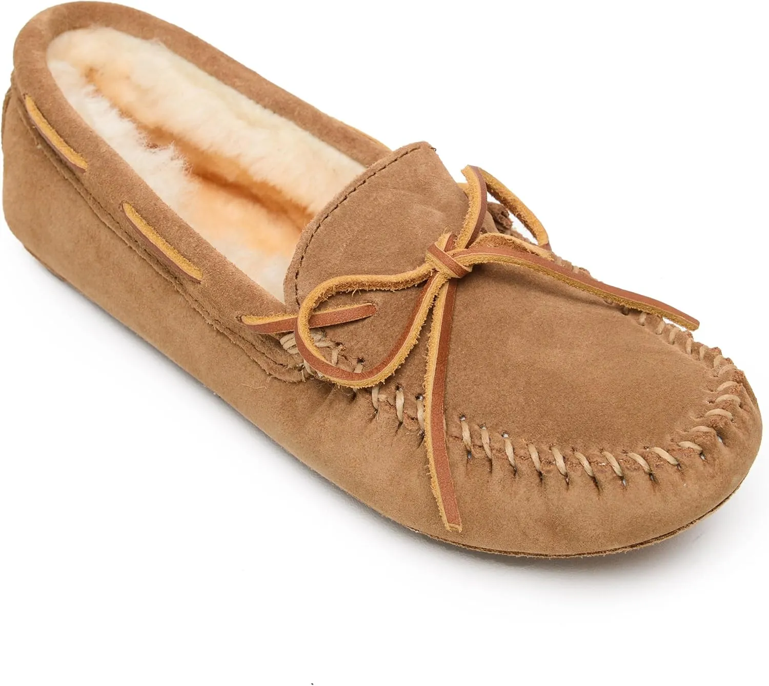 Minnetonka Women's Sheepskin Soft Leather Sole Leather Sole Moccasin, Tan, 8 W