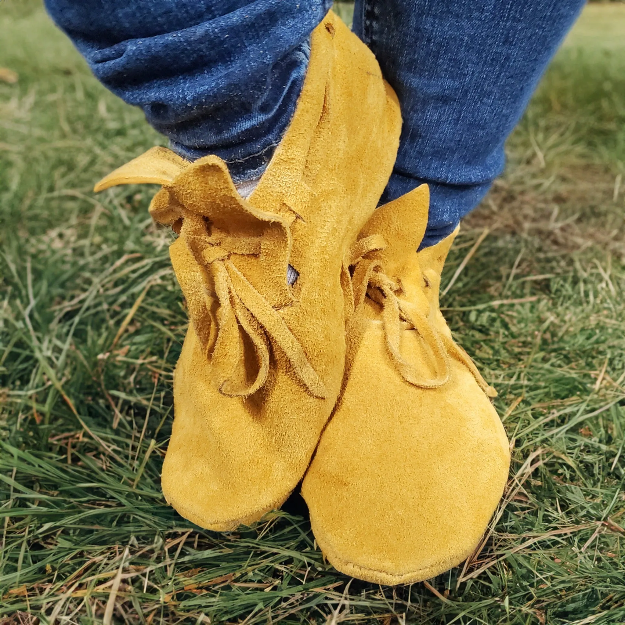 Moose Hide Two-Piece Plains Style Soft Sole Moccasins w/ Transfers
