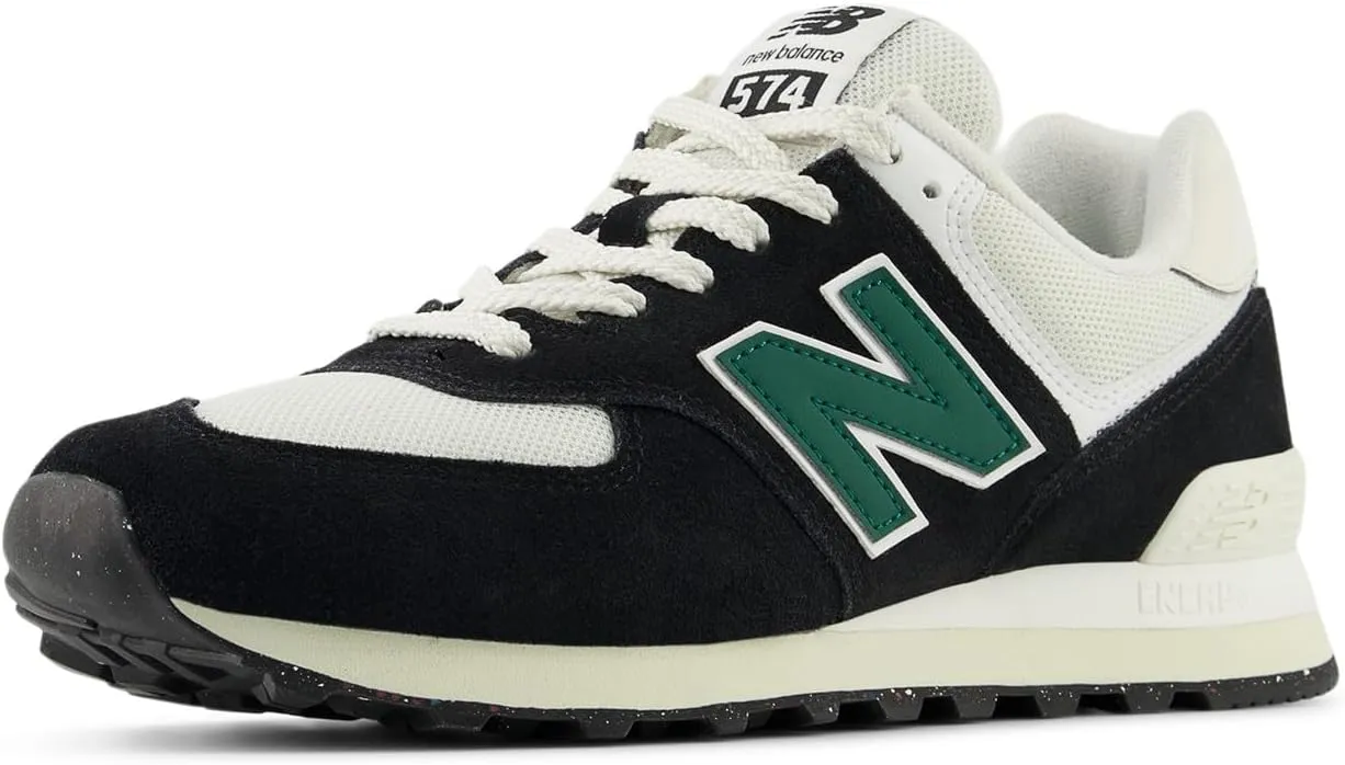 New Balance Unisex 574 V2 Varsity Suede Sneaker, Black/White/Marsh Green, 10.5 US Men