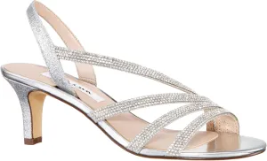NINA Womens Noura Silver Glitter Crystal Slingback Block Heel Formal Evening Sandal