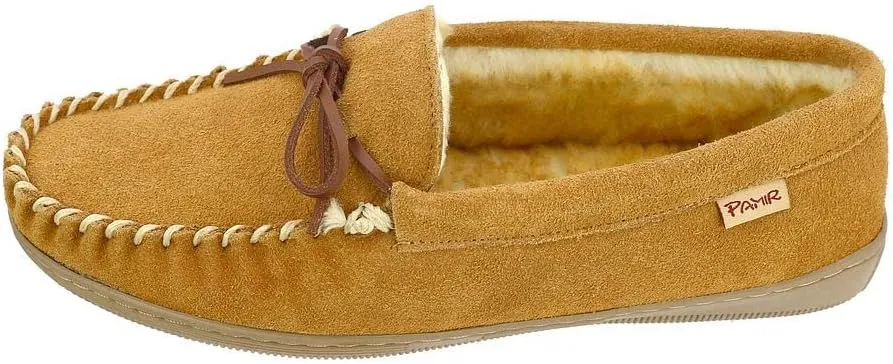 PAMIR Men's Genuine suede Faux Fur Lined Slip on Moccasin Slippers Indoor Outdoor