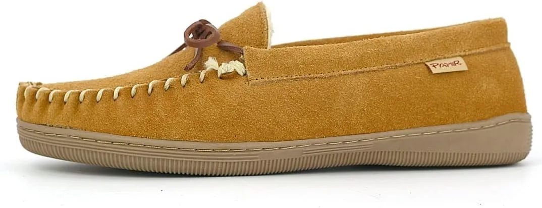 PAMIR Men's Genuine suede Faux Fur Lined Slip on Moccasin Slippers Indoor Outdoor