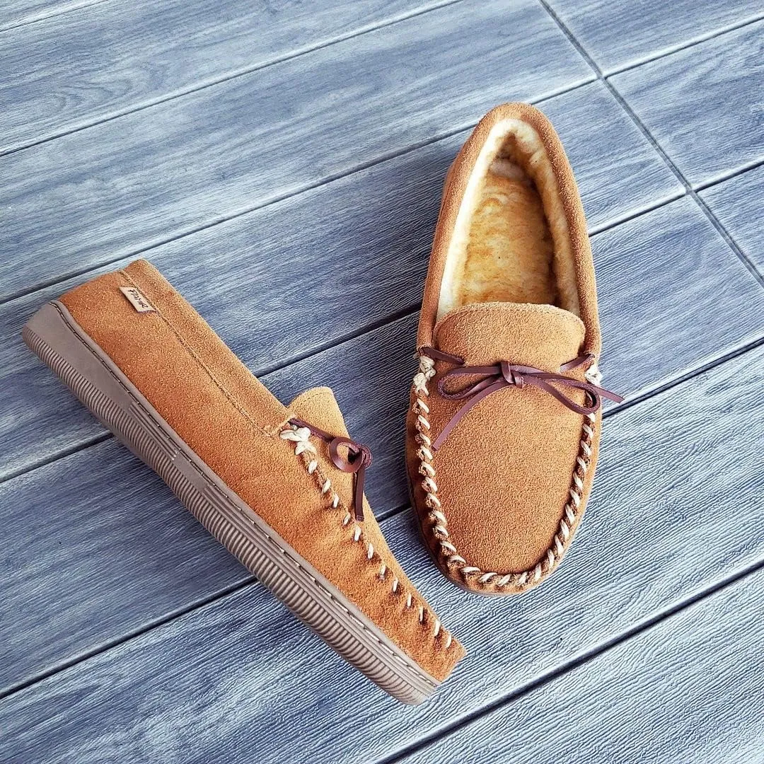 PAMIR Men's Genuine suede Faux Fur Lined Slip on Moccasin Slippers Indoor Outdoor