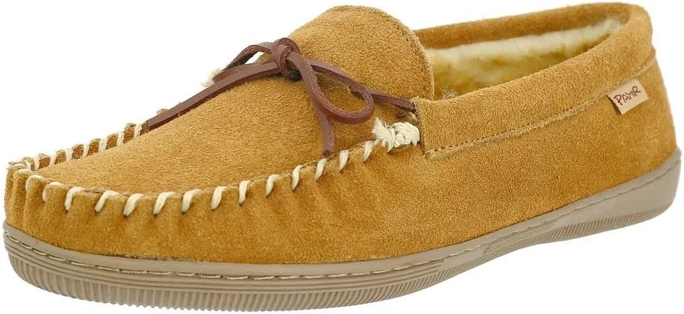 PAMIR Men's Genuine suede Faux Fur Lined Slip on Moccasin Slippers Indoor Outdoor