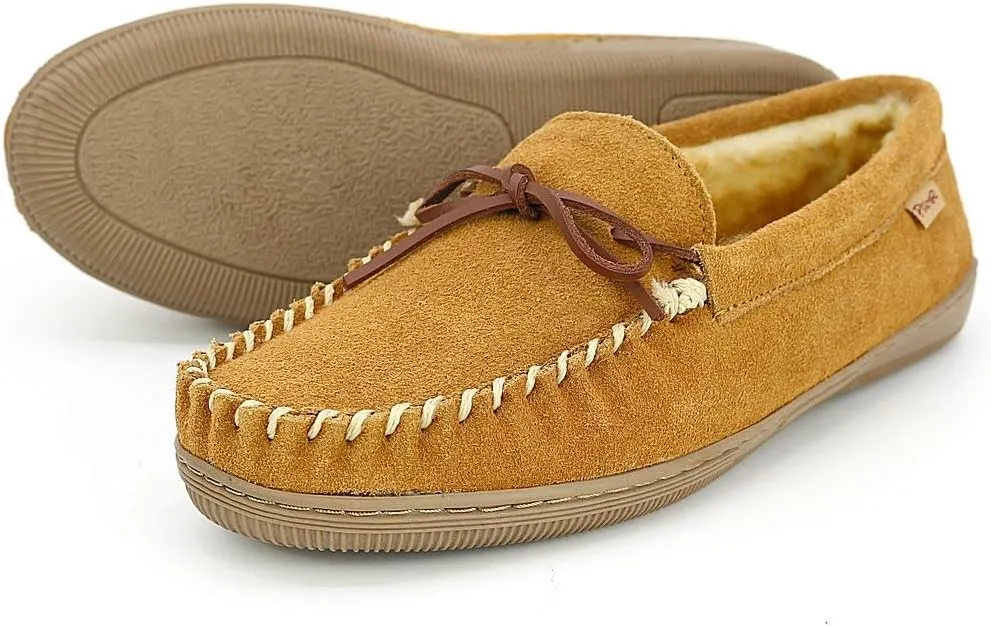 PAMIR Men's Genuine suede Faux Fur Lined Slip on Moccasin Slippers Indoor Outdoor