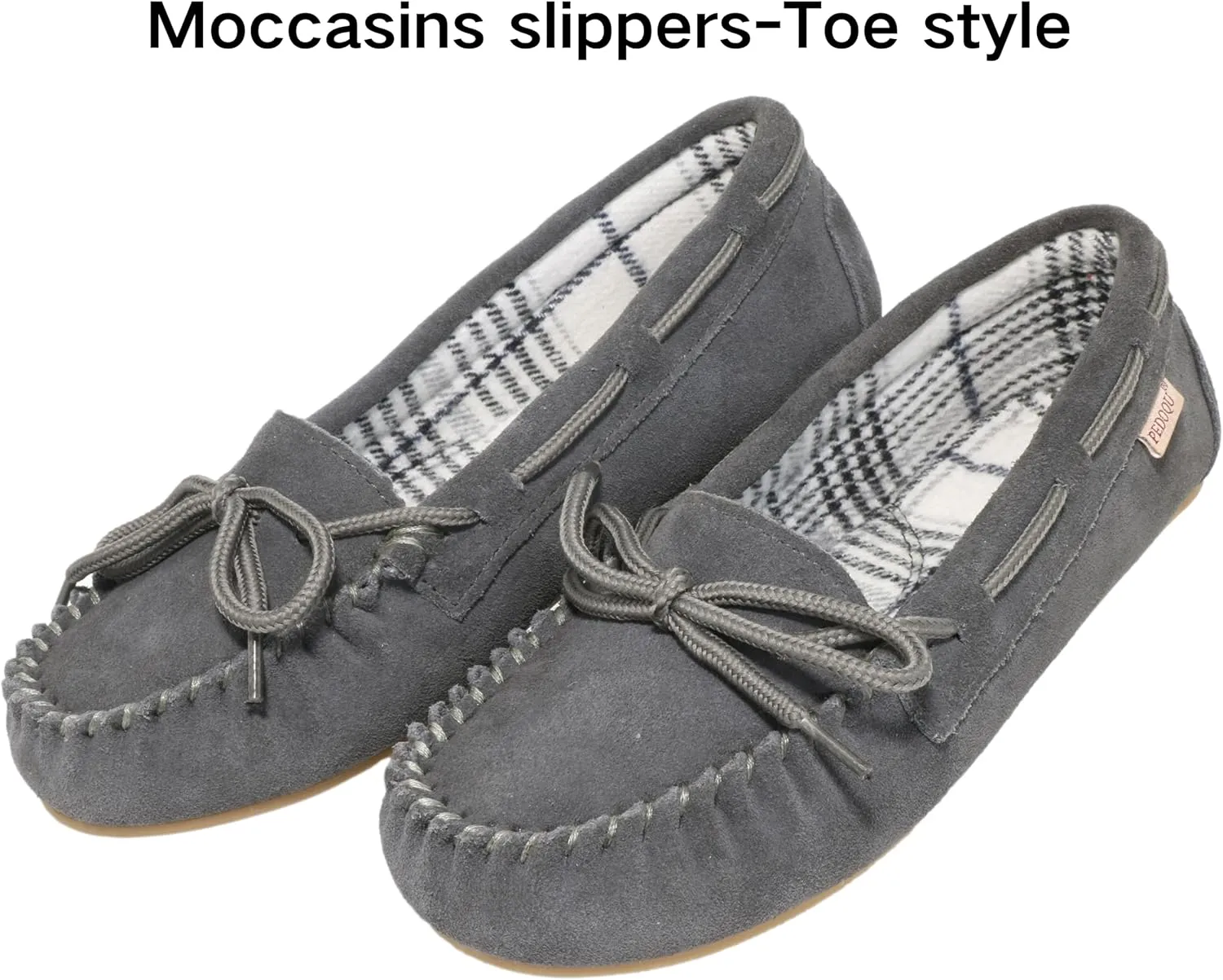 Plaid Lined Hardsole - Moccasin Slippers for Womens Made with Suede Upper, Rubber Sole, Textile Lace, and Traditional Moccasin Design
