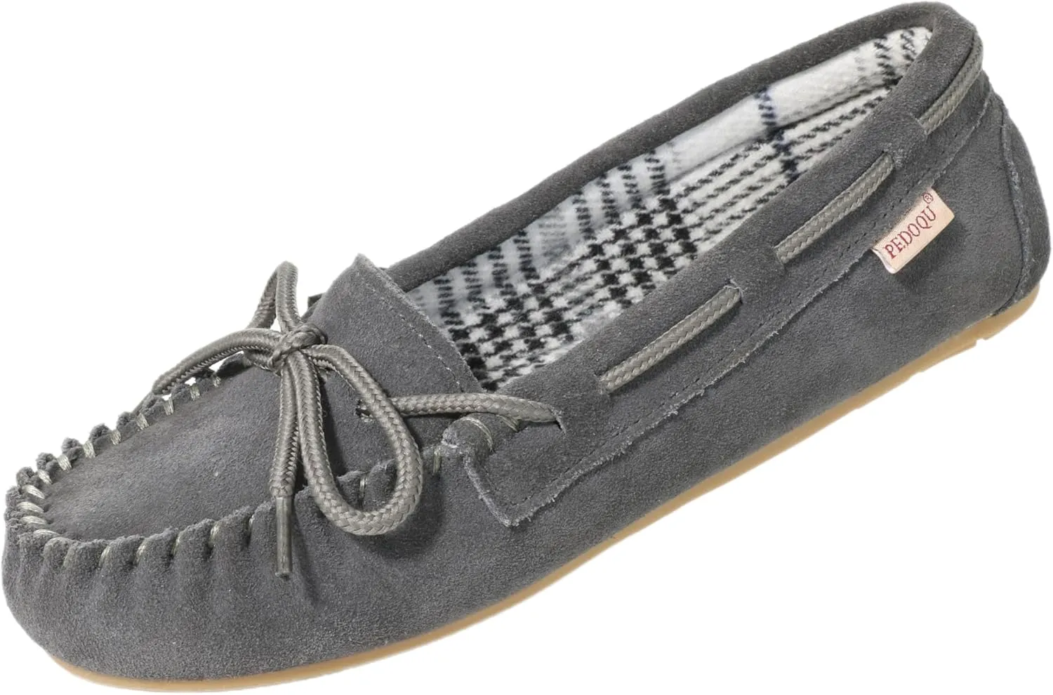 Plaid Lined Hardsole - Moccasin Slippers for Womens Made with Suede Upper, Rubber Sole, Textile Lace, and Traditional Moccasin Design