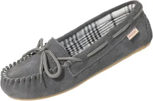 Plaid Lined Hardsole - Moccasin Slippers for Womens Made with Suede Upper, Rubber Sole, Textile Lace, and Traditional Moccasin Design