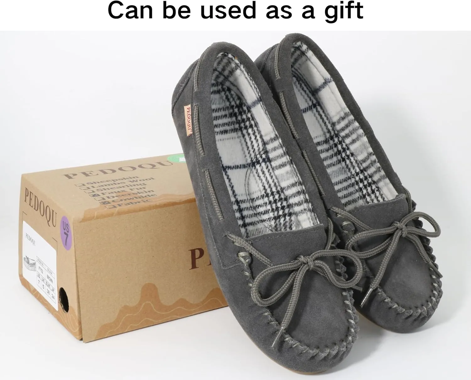 Plaid Lined Hardsole - Moccasin Slippers for Womens Made with Suede Upper, Rubber Sole, Textile Lace, and Traditional Moccasin Design