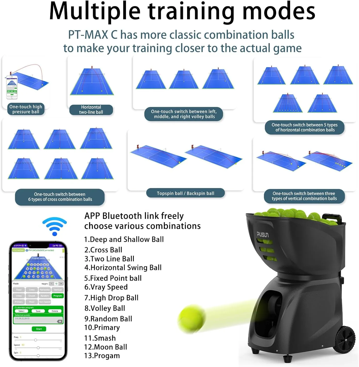 PT-MAX C Tennis Ball Machine - Professional Auto Ball Server with APP Control, 28 Landing Points & 26 Training Modes, Smart Tennis Trainer with Variable Speed System (5-7H Runtime)