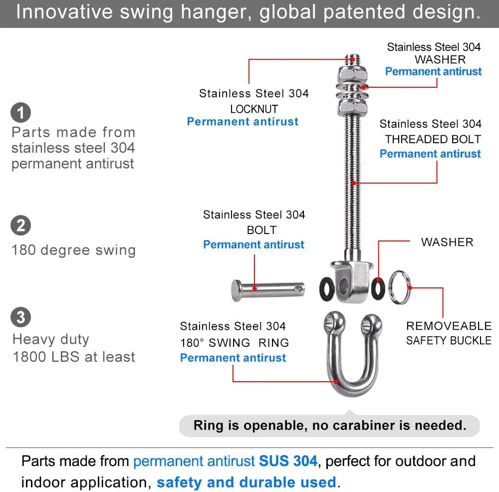 SELEWARE Set of 2 Heavy Duty Swing Hanger 1800LB Capacity, M10 x 9.3" Swing Bolts, Stainless Steel Swing Hooks for Wood and Steel Beam Yoga Hammock Chair Punching Bag Porch Swing Sets Seat