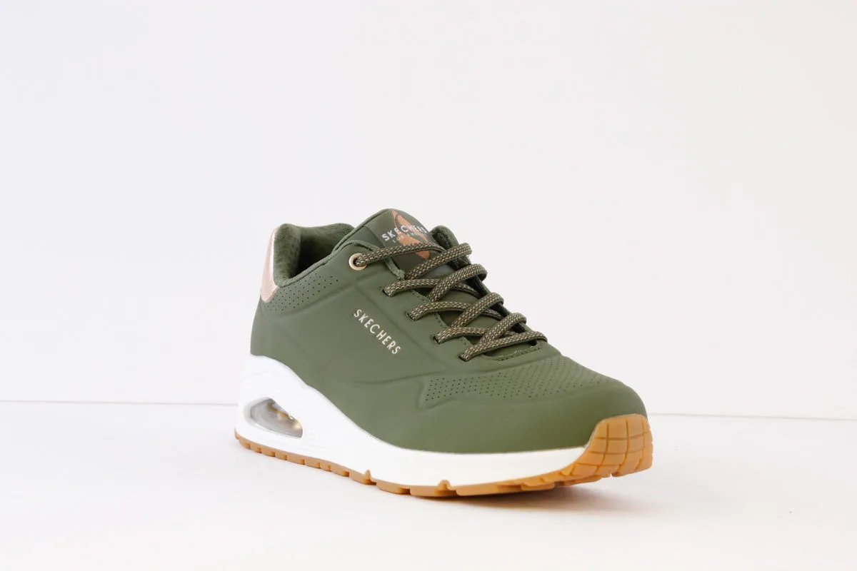 SKECHERS - 155196 UNO-SHIMMER AWAY- LACED TRAINER - GREEN/KHAKI