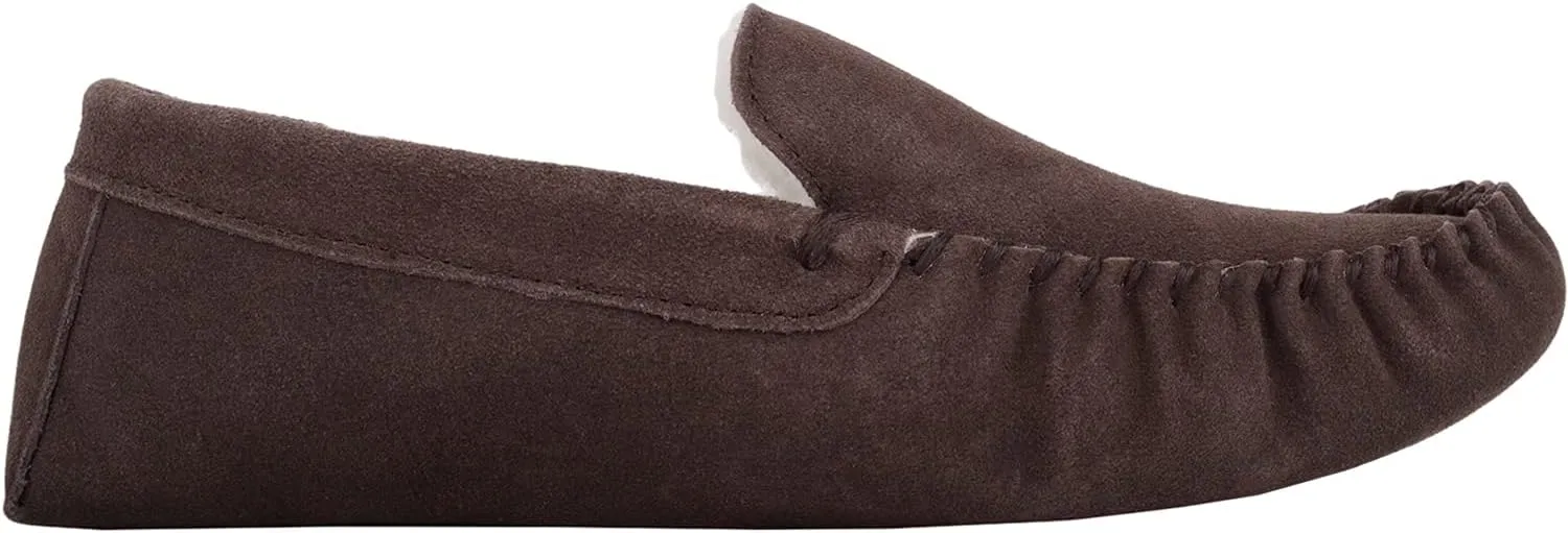 SNUGRUGS Mens Ronnie Suede Moccasin Slippers with Wool Inner and Suede Sole