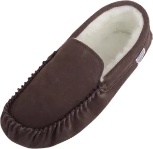 SNUGRUGS Mens Ronnie Suede Moccasin Slippers with Wool Inner and Suede Sole