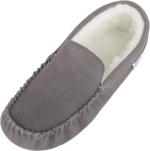 SNUGRUGS Mens Ronnie Suede Moccasin Slippers with Wool Inner and Suede Sole