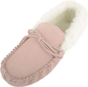SNUGRUGS Womens Wool Lined Moccasin Slippers with Soft Sole & Wool Cuff