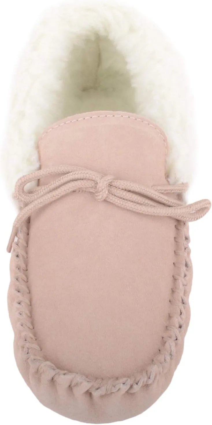 SNUGRUGS Womens Wool Lined Moccasin Slippers with Soft Sole & Wool Cuff