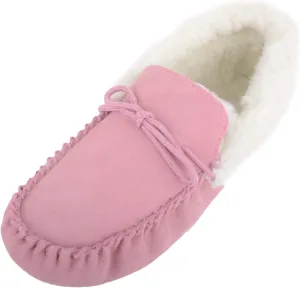 SNUGRUGS Womens Wool Lined Moccasin Slippers with Soft Sole & Wool Cuff