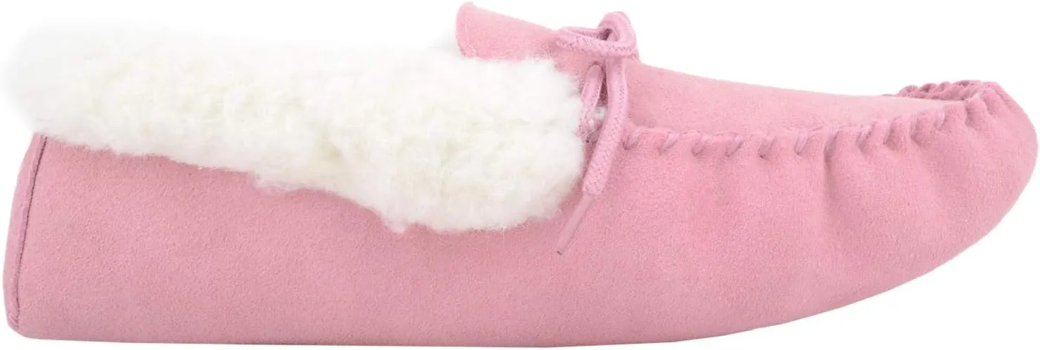 SNUGRUGS Womens Wool Lined Moccasin Slippers with Soft Sole & Wool Cuff