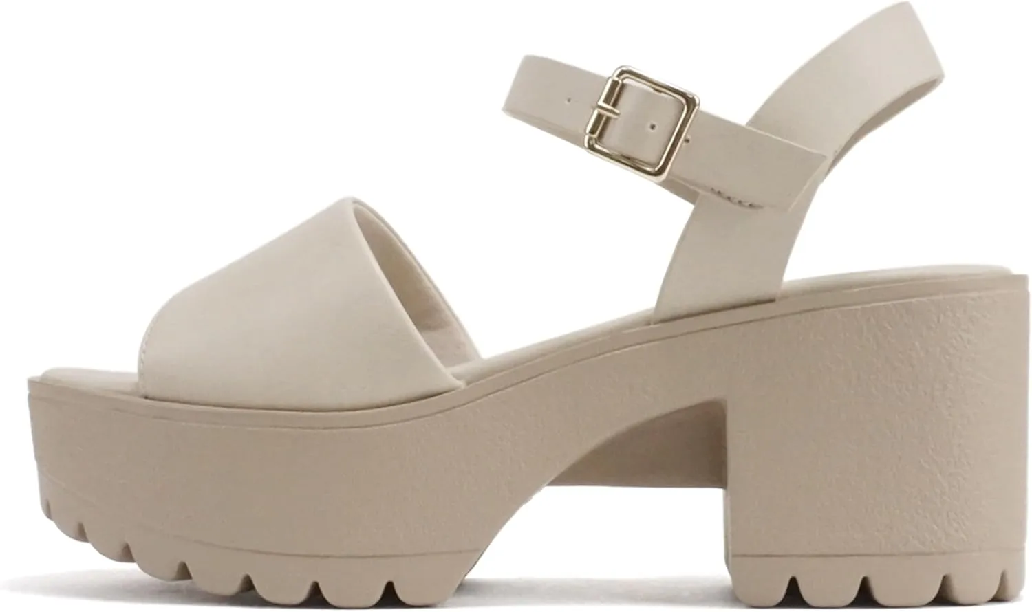 Soda “Stacie” ~ Women Open Toe Lug Sole Mid Block Heeled Sandals with Adjustable Ankle Strap