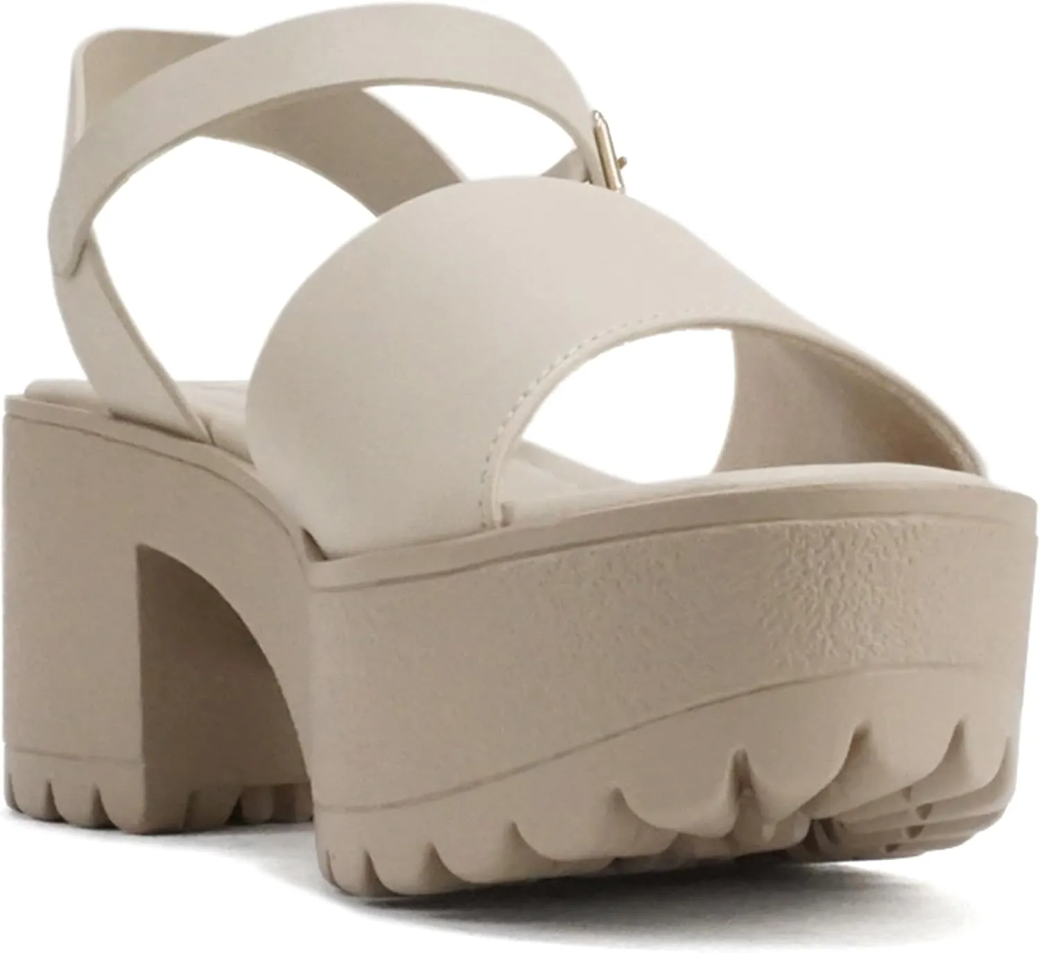 Soda “Stacie” ~ Women Open Toe Lug Sole Mid Block Heeled Sandals with Adjustable Ankle Strap