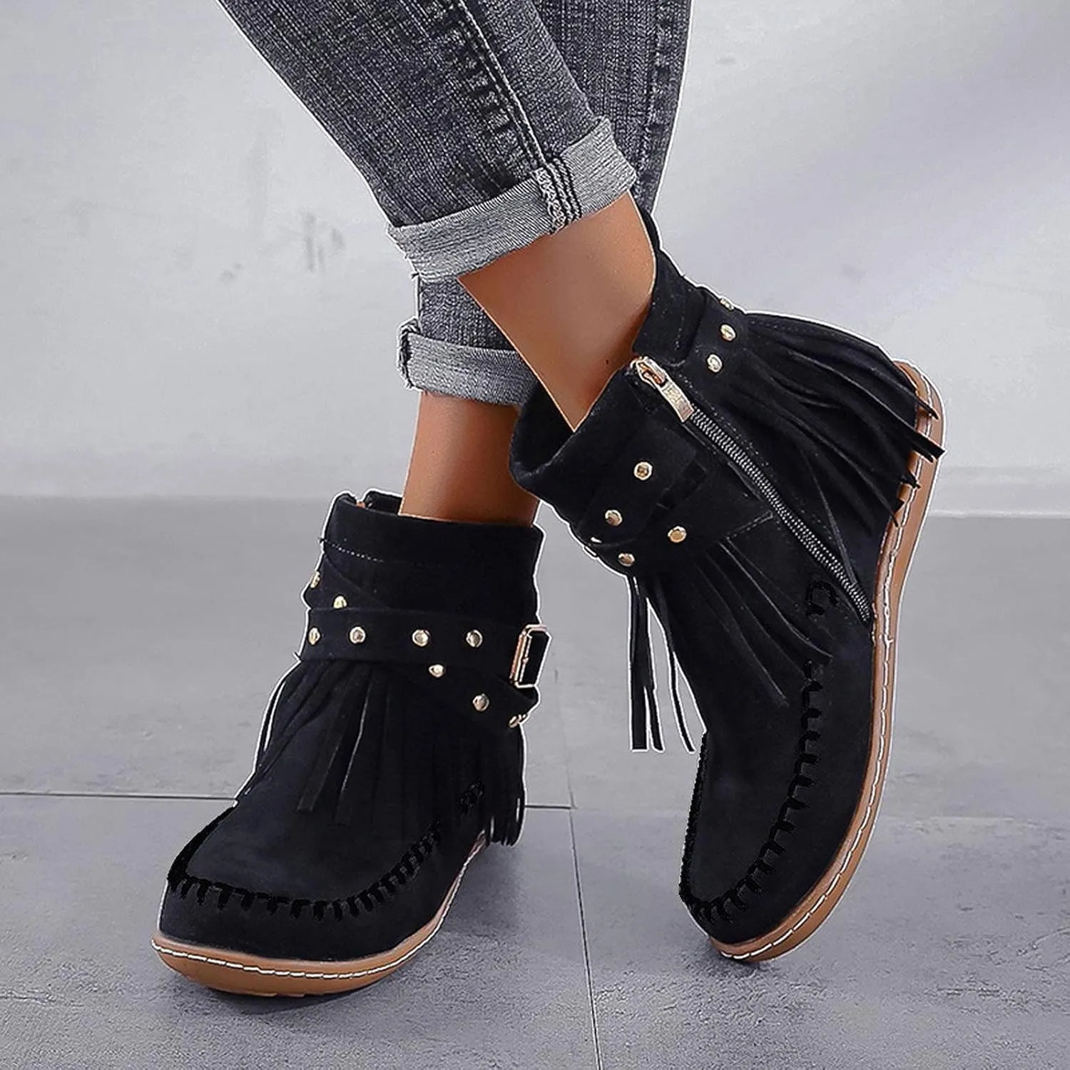 Suede Cowboy Boots Women Short Western Boots Suede Fringe Boots Flat Moccasin Boots Tassel Boots Hippie Boots