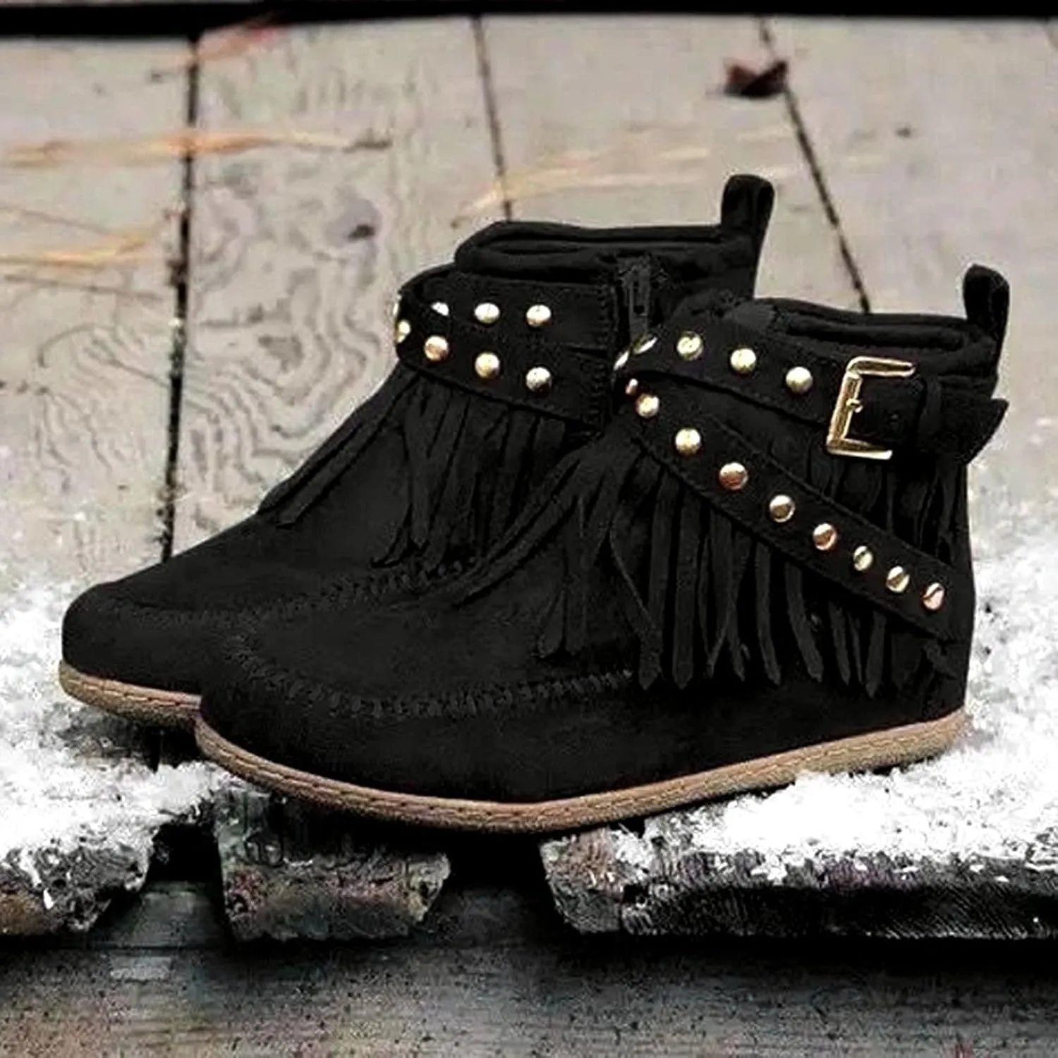 Suede Cowboy Boots Women Short Western Boots Suede Fringe Boots Flat Moccasin Boots Tassel Boots Hippie Boots