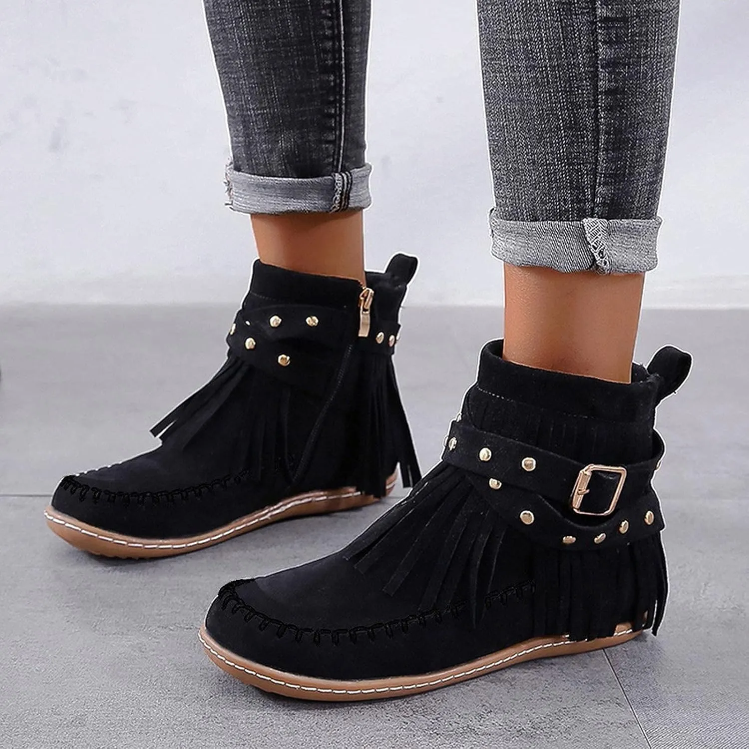 Suede Cowboy Boots Women Short Western Boots Suede Fringe Boots Flat Moccasin Boots Tassel Boots Hippie Boots