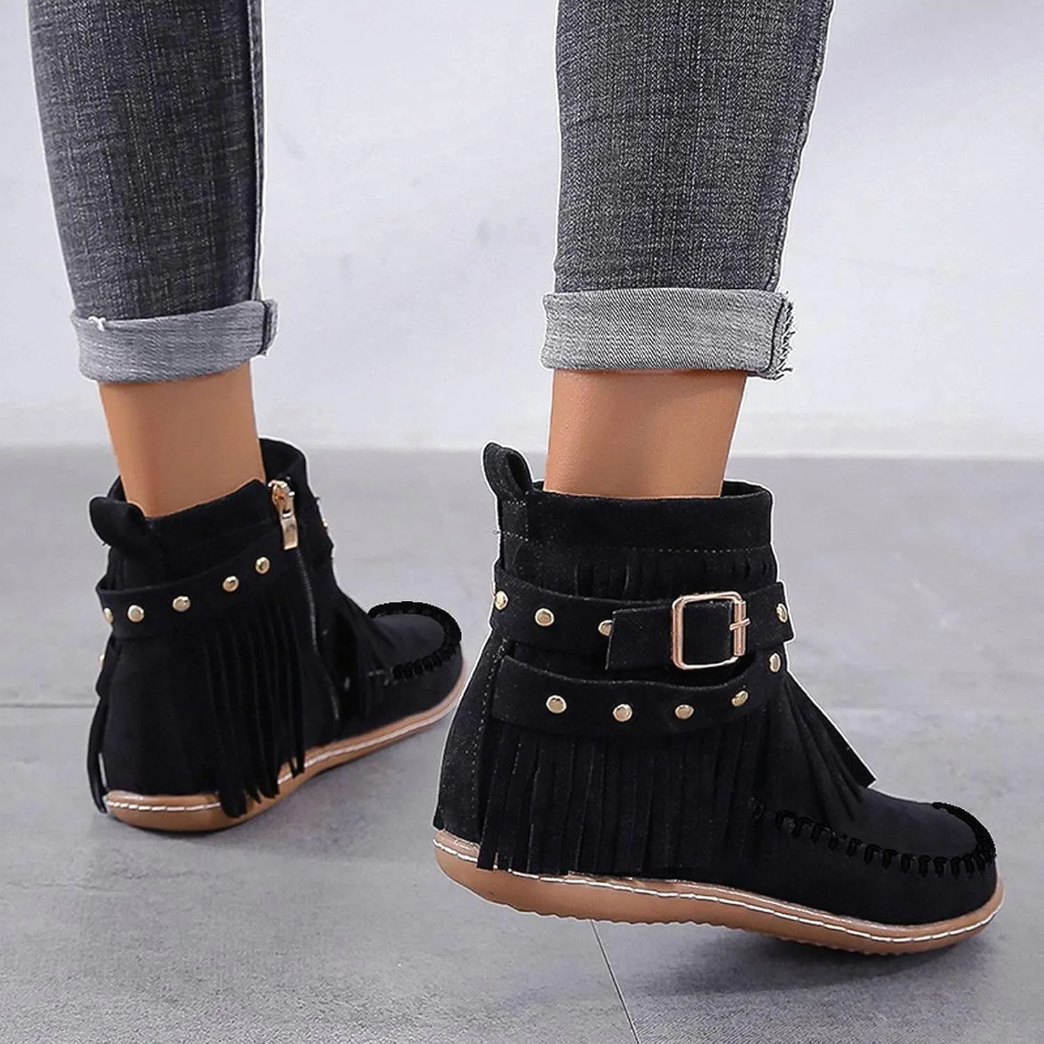 Suede Cowboy Boots Women Short Western Boots Suede Fringe Boots Flat Moccasin Boots Tassel Boots Hippie Boots