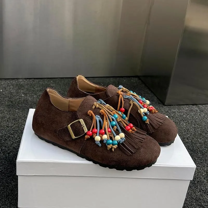 Suede Flats Shoes for Women Round Toe Moccasin Flats – Low Heel Slip-On Shoes with Fringe and Bead Details Party Pumps for Women