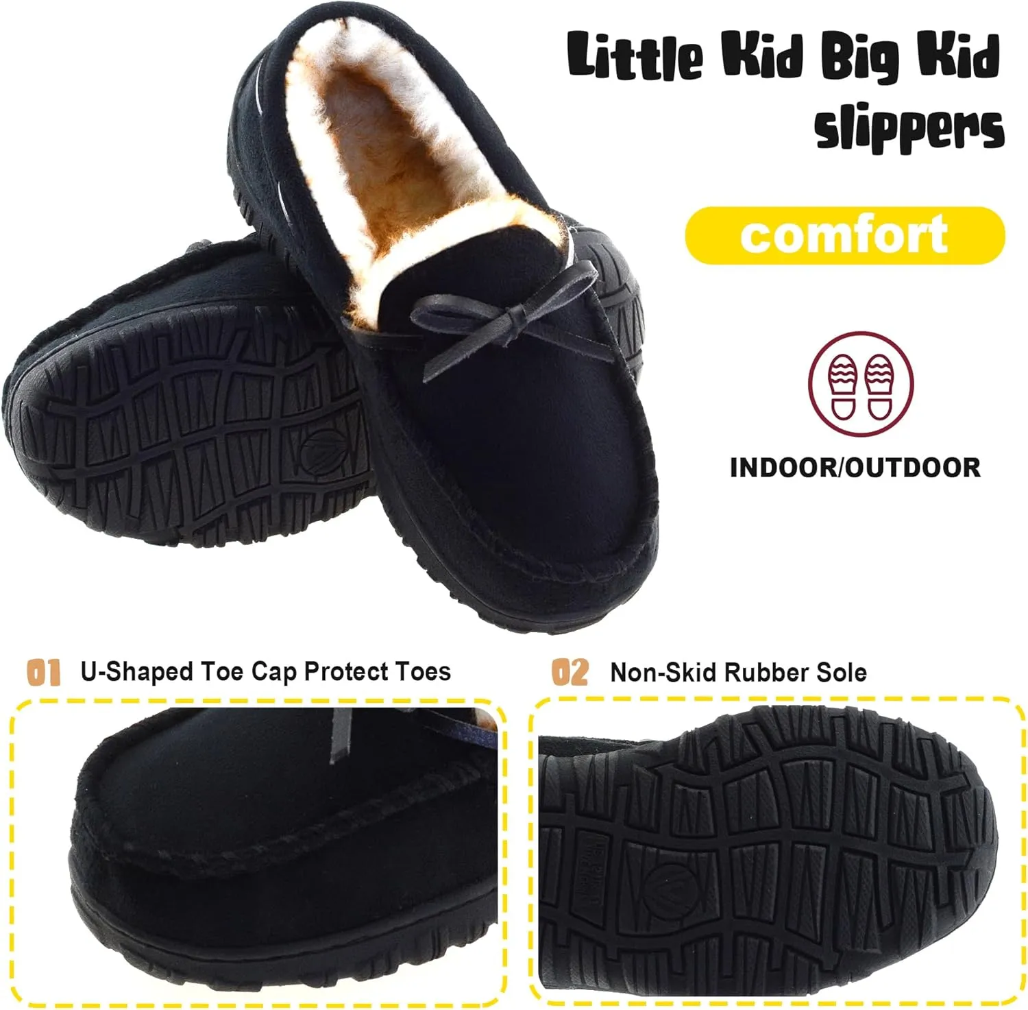 Vonair Kids Moccasin Slippers Memory Foam House Shoes Indoor Outdoor Rubber Bottom Slippers for Boys Girls