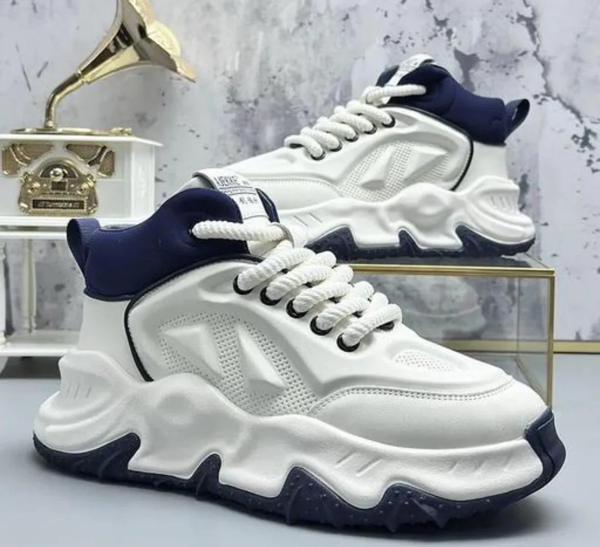White & Navy Chunky Sneakers – Futuristic Comfort