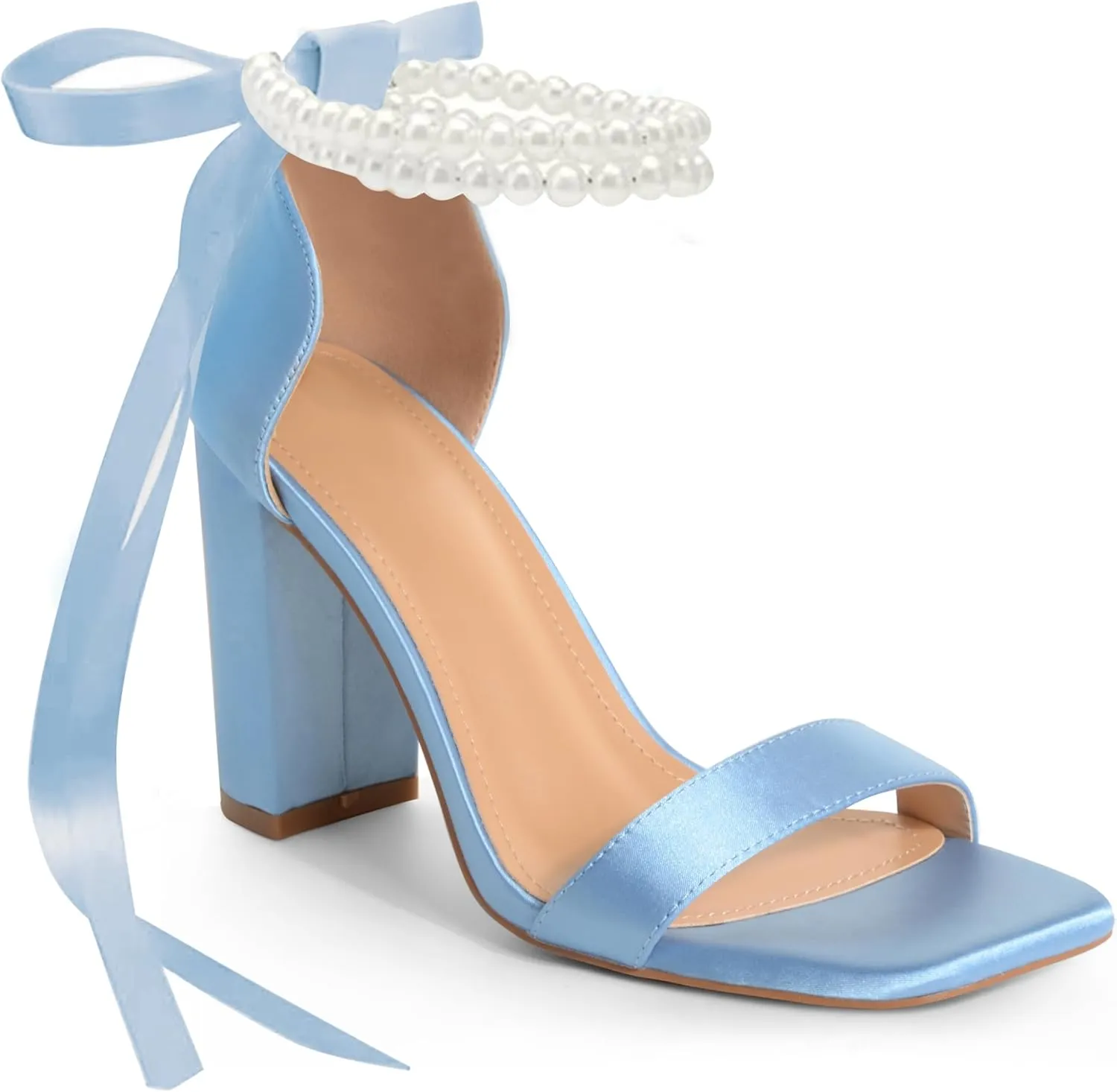 White Block High Heels for Women - Pearl Square Open Toe Chunky Bow Heels - Wedding Bridal Shoes for Prom Party Dress