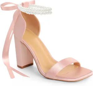 White Block High Heels for Women - Pearl Square Open Toe Chunky Bow Heels - Wedding Bridal Shoes for Prom Party Dress