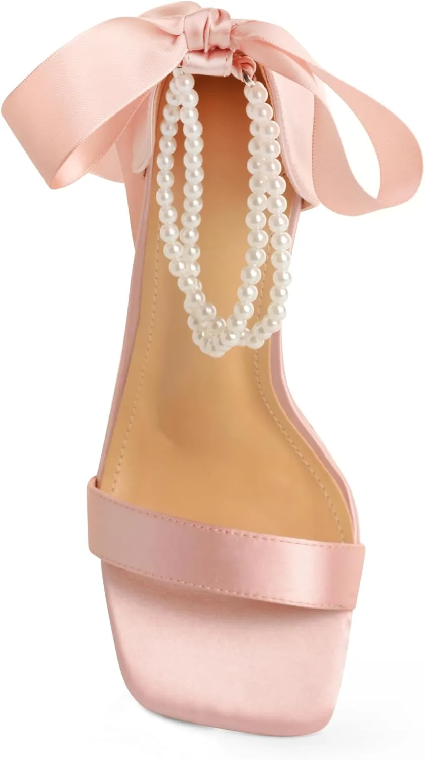 White Block High Heels for Women - Pearl Square Open Toe Chunky Bow Heels - Wedding Bridal Shoes for Prom Party Dress
