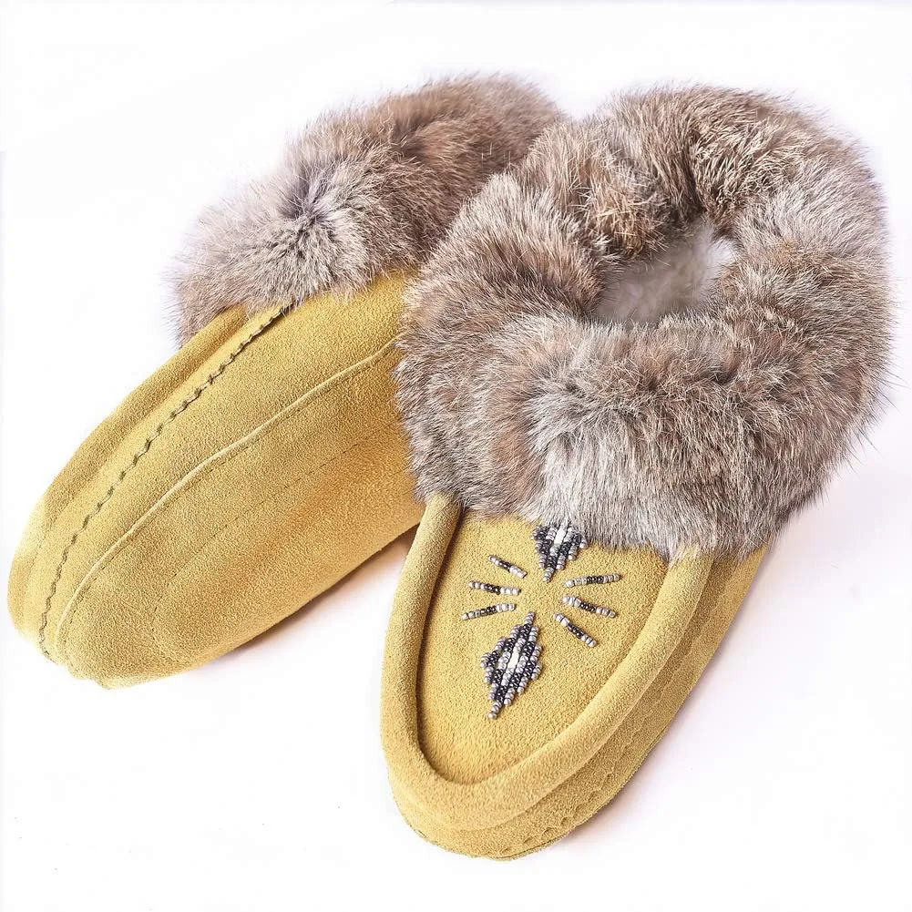 Women Moccasins Indoor Slippers of Soft Sole Fleece Lined Rabbit Fur Trim
