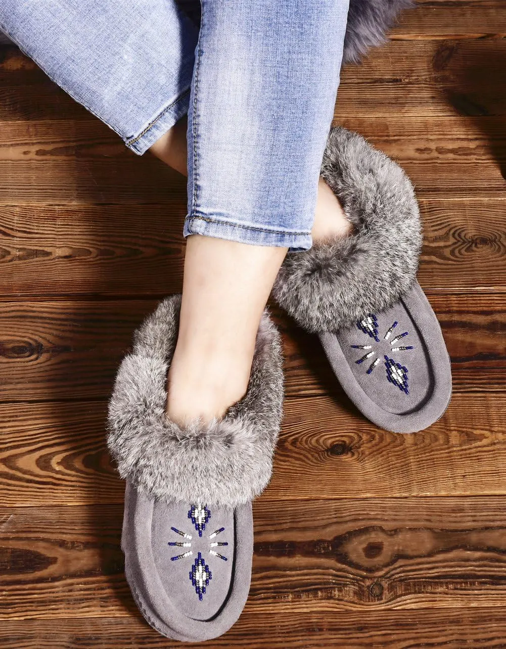 Women Moccasins Indoor Slippers of Soft Sole Fleece Lined Rabbit Fur Trim