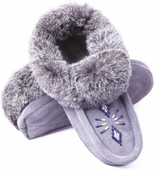 Women Moccasins Indoor Slippers of Soft Sole Fleece Lined Rabbit Fur Trim
