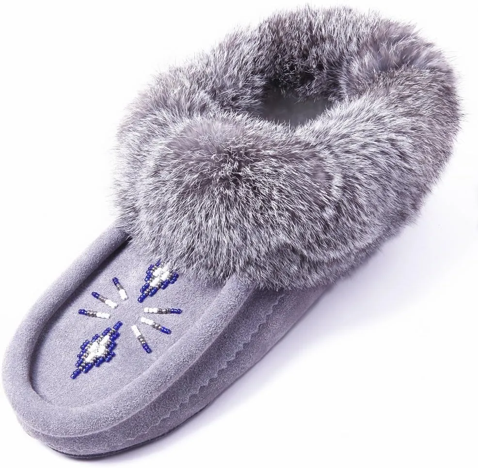 Women Moccasins Indoor Slippers of Soft Sole Fleece Lined Rabbit Fur Trim
