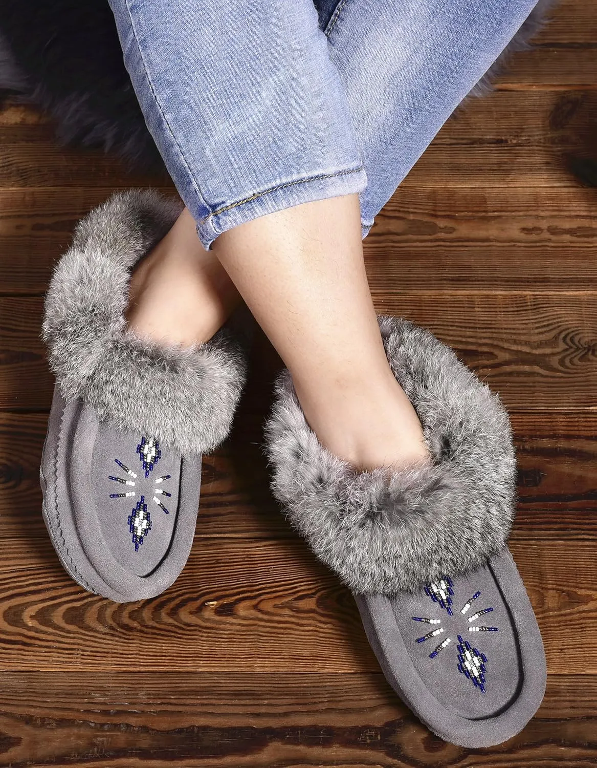 Women Moccasins Indoor Slippers of Soft Sole Fleece Lined Rabbit Fur Trim