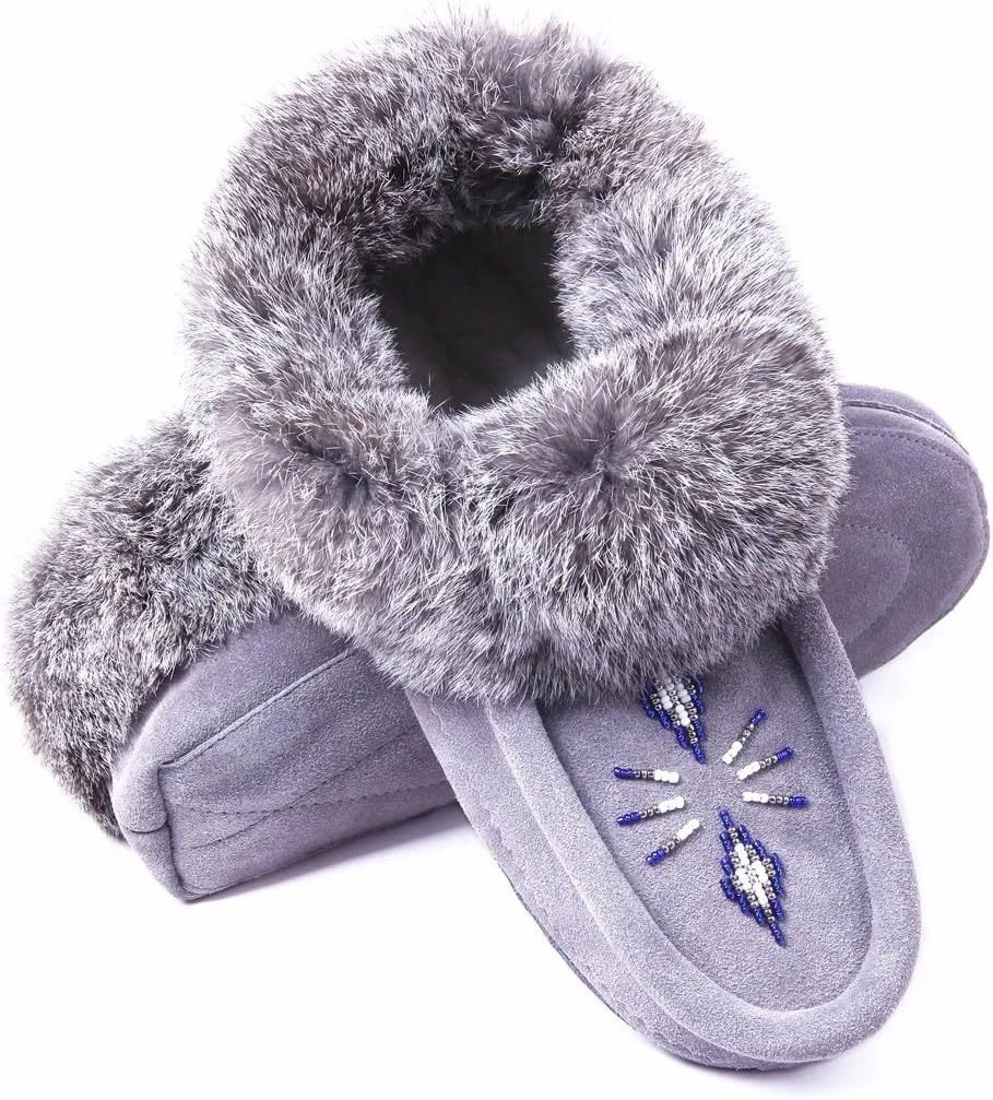 Women Moccasins Indoor Slippers of Soft Sole Fleece Lined Rabbit Fur Trim