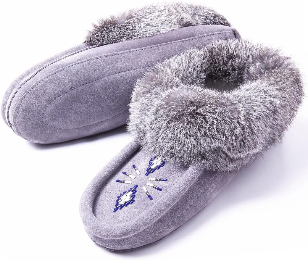Women Moccasins Indoor Slippers of Soft Sole Fleece Lined Rabbit Fur Trim