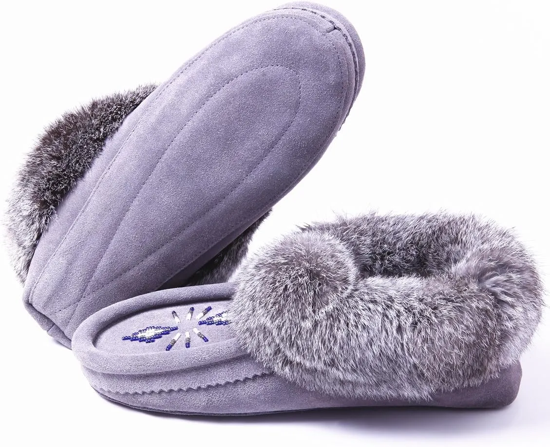Women Moccasins Indoor Slippers of Soft Sole Fleece Lined Rabbit Fur Trim